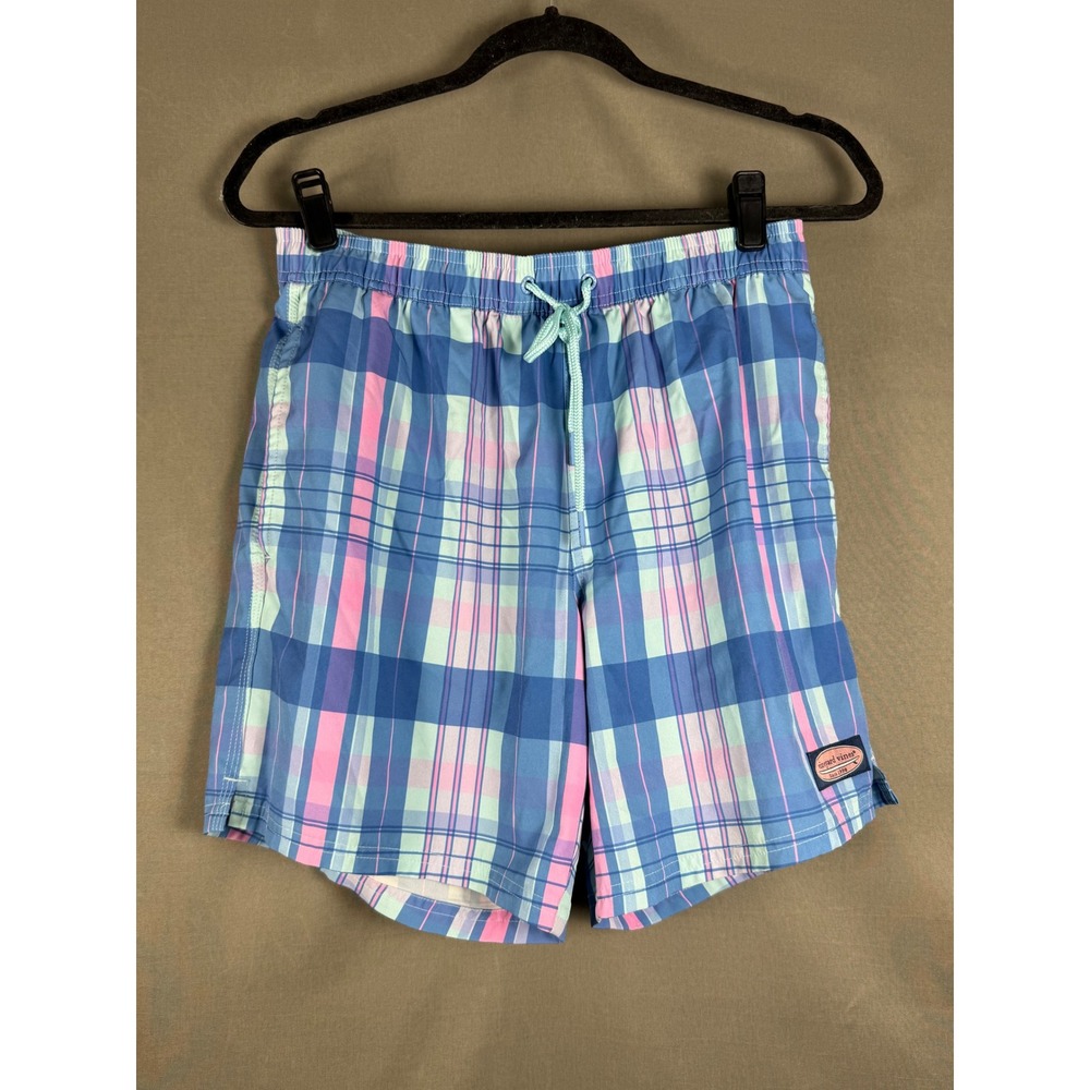 Vineyard Vines Swim Trunks Men Small Blue Pink Plaid Chappy Mesh Lined Stretch
